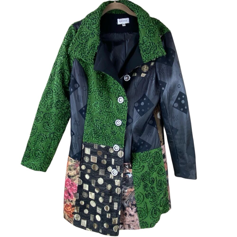 Adore Mixed Media Coat Size M Green Black Art To Wear Boho